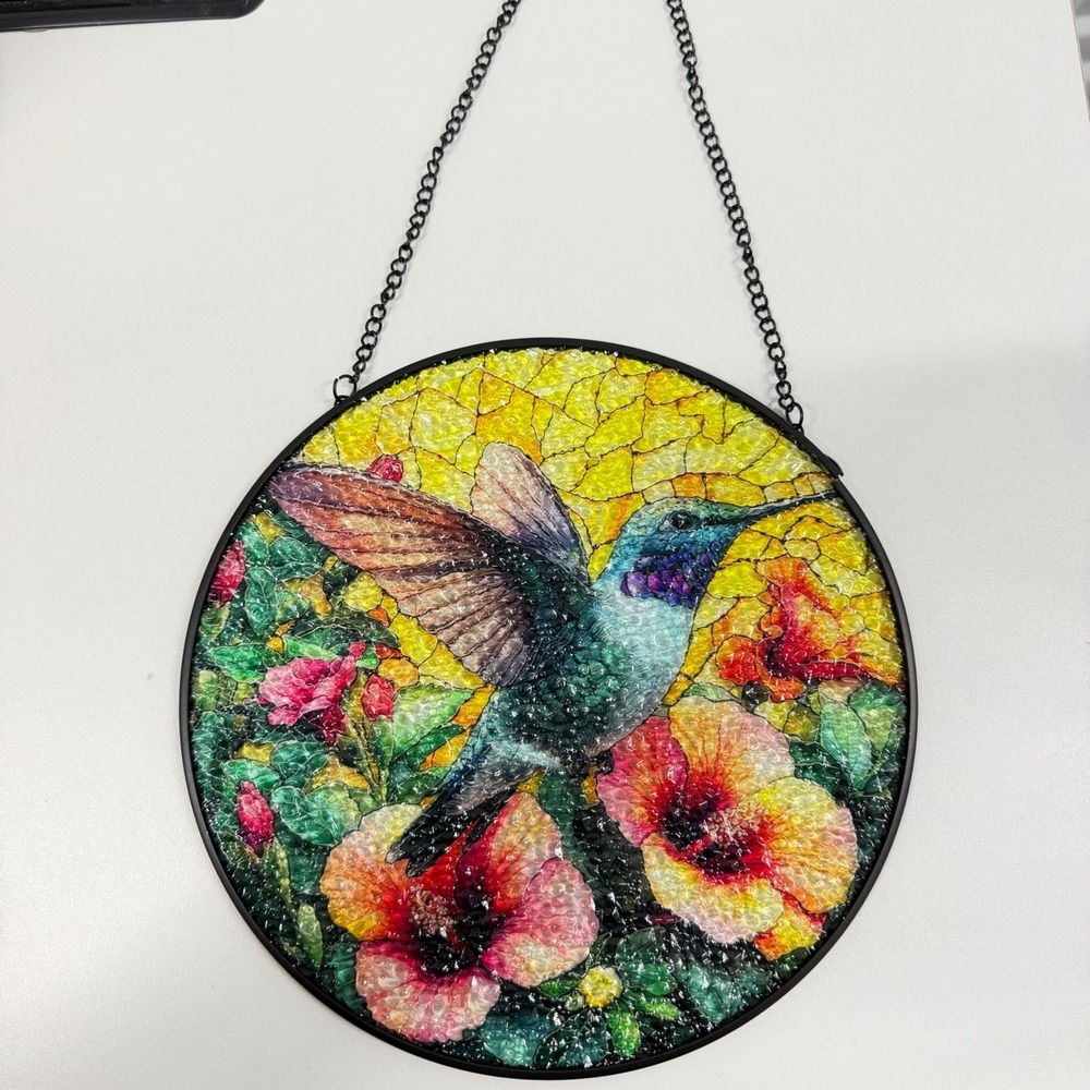 Hummingbird Hibiscus Suncatcher Textured Glass Style Window Hanging Decor 7.75in